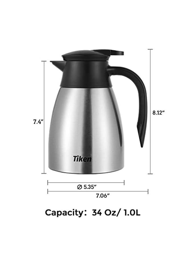 Tiken Thermal Coffee Carafe, Stainless Steel Insulated Vacuum Coffee Carafes for Keeping Hot, 1000ML Beverage Dispenser (Silver) - Image 2
